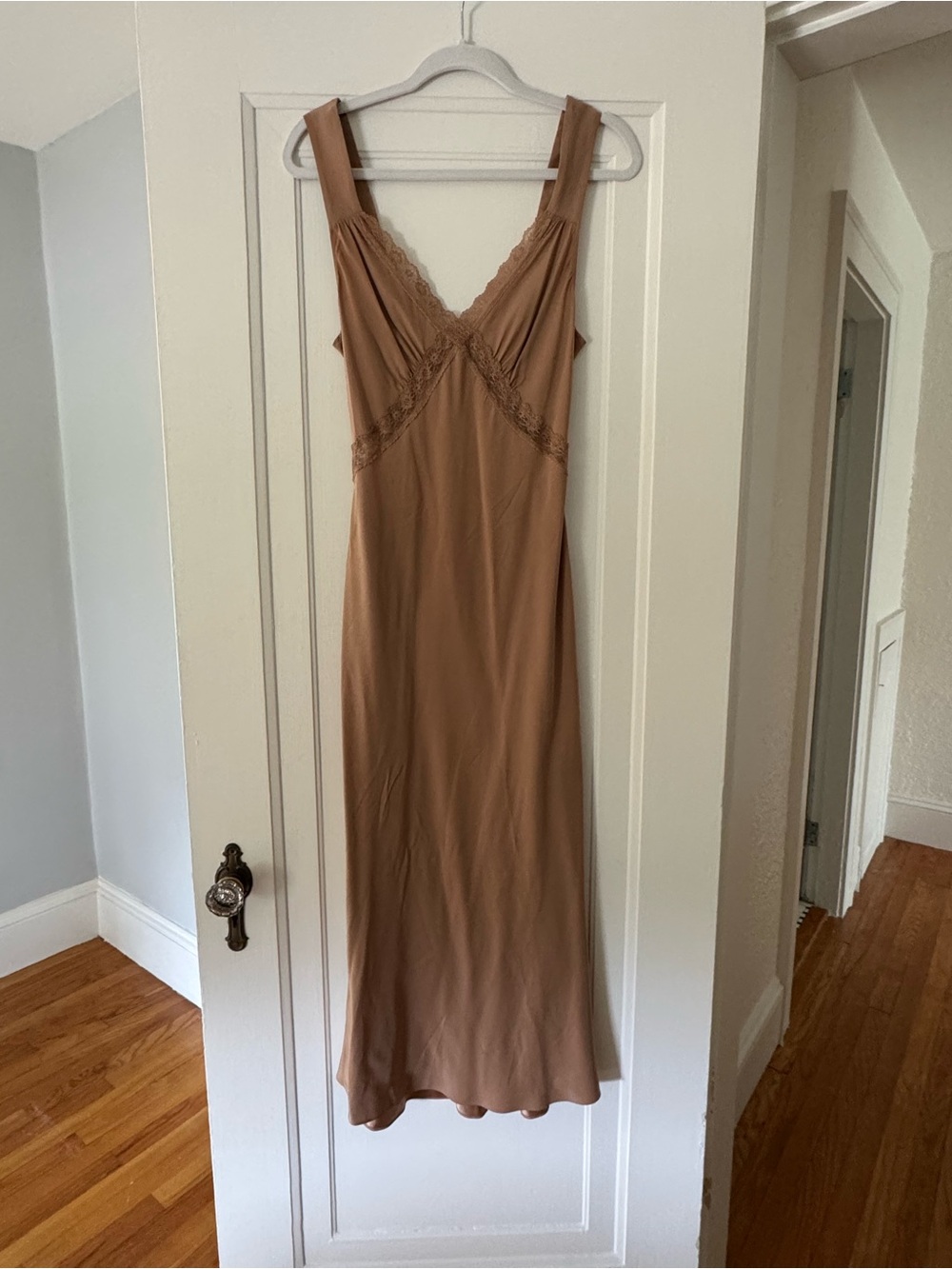 Reformation Cocoa Slip Midi Dress with Lace Trim